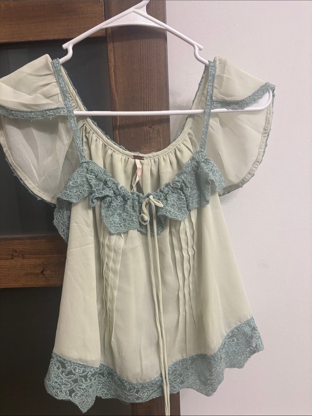 Free People Light Sage Green Ruffled Lace Babydoll Tank Top with Matching Pants